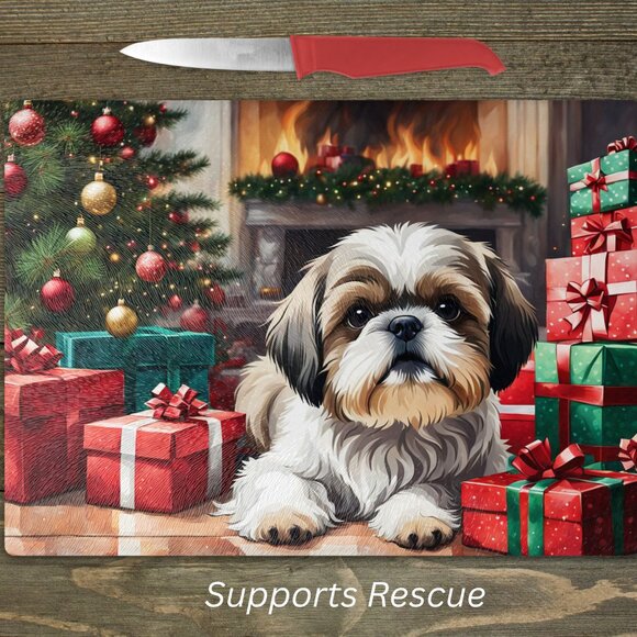 Christmas Shih Tzu Kitchen Tempered Glass Cutting Board or Trivet - Picture 1 of 1